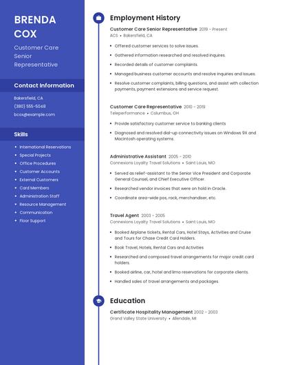 Customer Care Senior Representative Resume