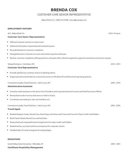 Customer Care Senior Representative Resume