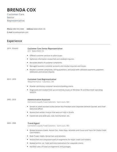 Customer Care Senior Representative Resume