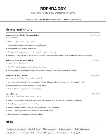 Customer Care Senior Representative Resume