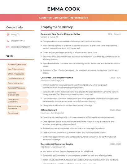 Customer Care Senior Representative Resume