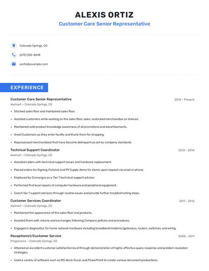 Customer Care Senior Representative Resume