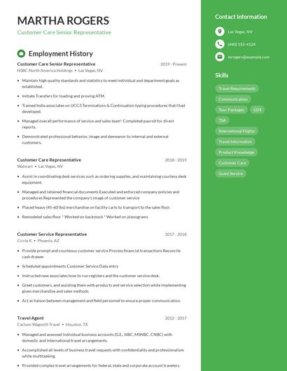 Customer Care Senior Representative Resume