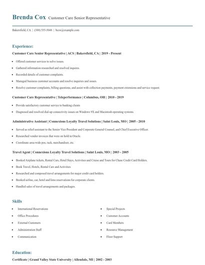 Customer Care Senior Representative Resume