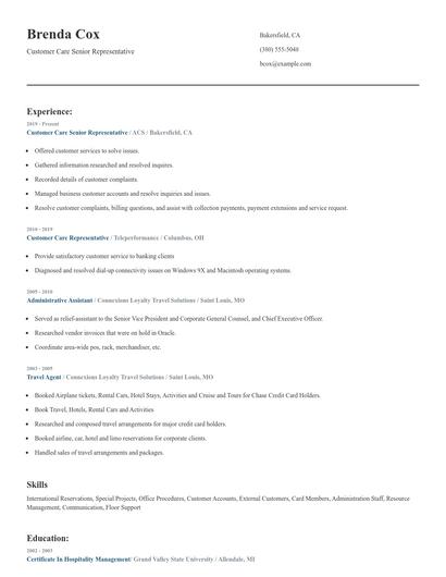 Customer Care Senior Representative Resume
