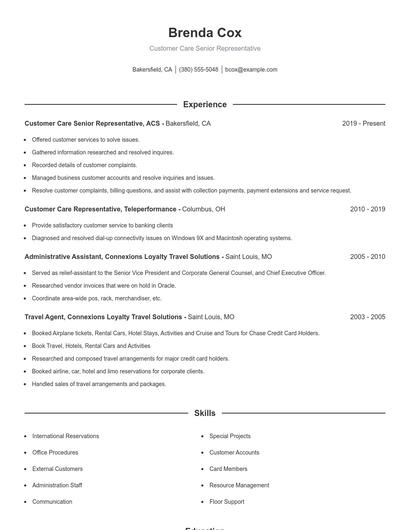 Customer Care Senior Representative Resume
