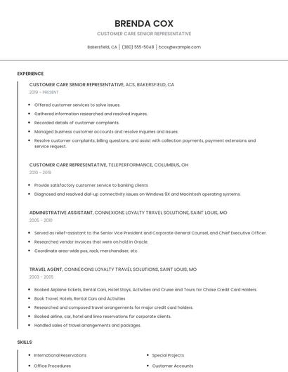 Customer Care Senior Representative Resume