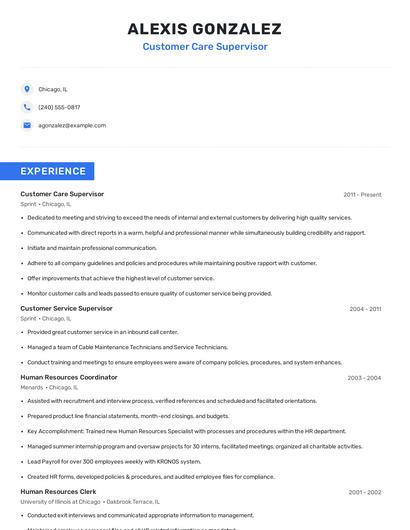 Customer Care Supervisor Resume