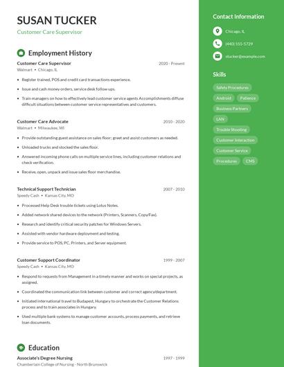 Customer Care Supervisor Resume
