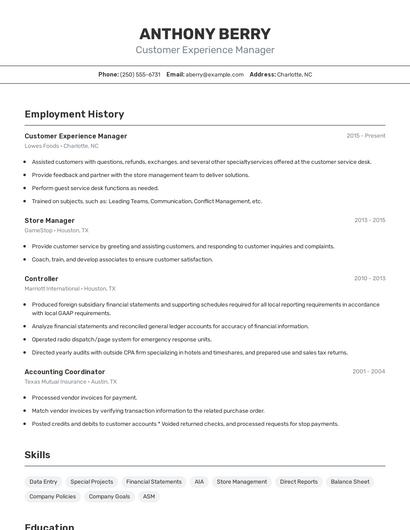 Customer Experience Manager Resume