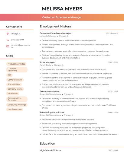 Customer Experience Manager Resume