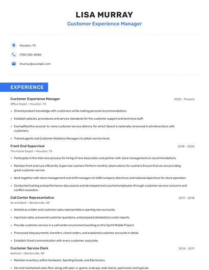 Customer Experience Manager Resume