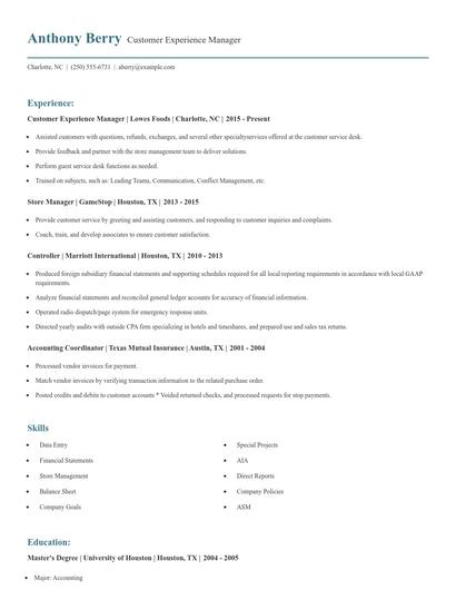 Customer Experience Manager Resume