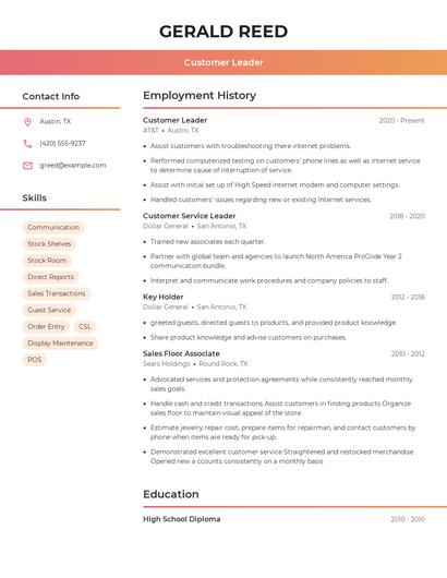 Customer Leader Resume