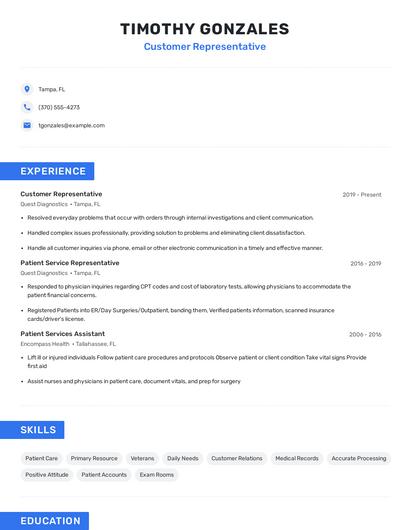 Customer Representative Resume