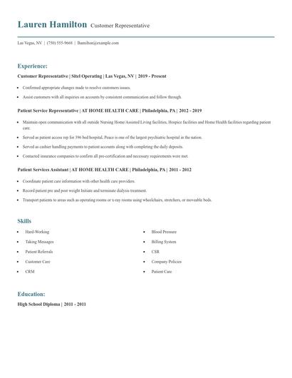 Customer Representative Resume