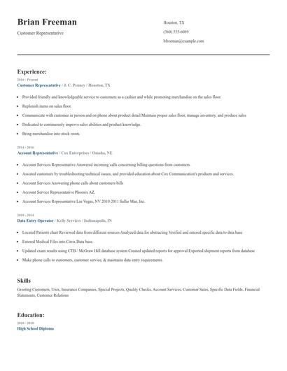 Customer Representative Resume