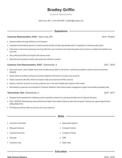 Customer Representative Resume
