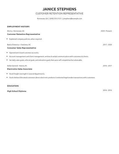 Customer Retention Representative Resume