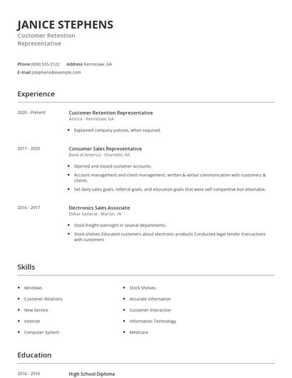 Customer Retention Representative Resume