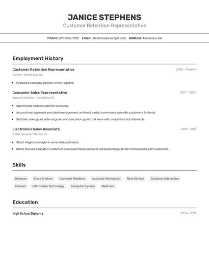 Customer Retention Representative Resume