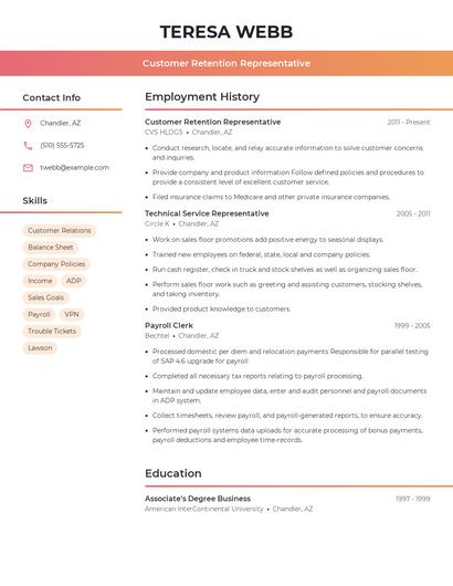 Customer Retention Representative Resume