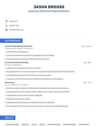Customer Retention Representative Resume