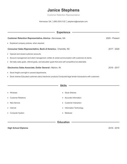Customer Retention Representative Resume