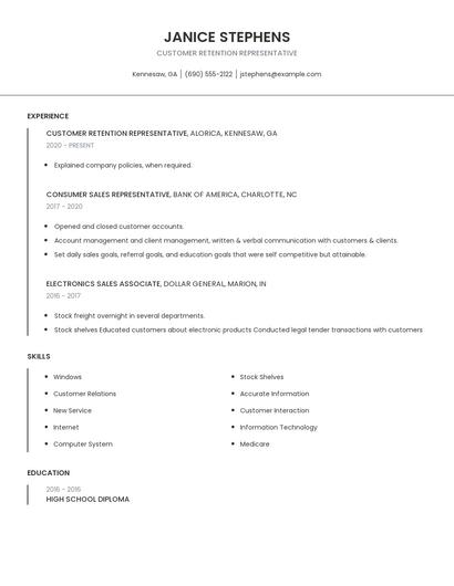 Customer Retention Representative Resume