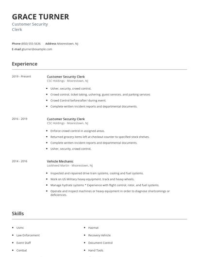 Customer Security Clerk Resume