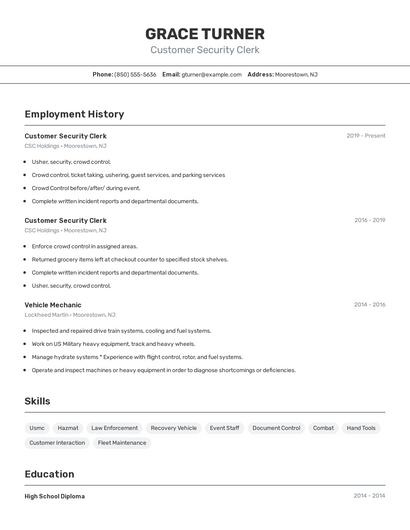 Customer Security Clerk Resume