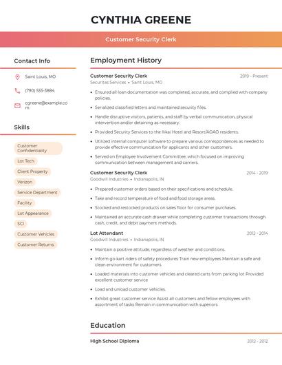 Customer Security Clerk Resume