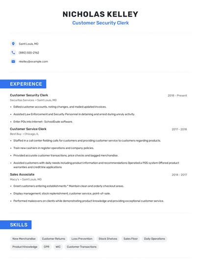 Customer Security Clerk Resume