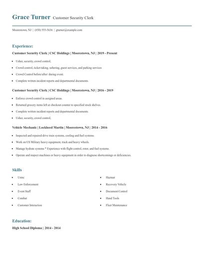 Customer Security Clerk Resume