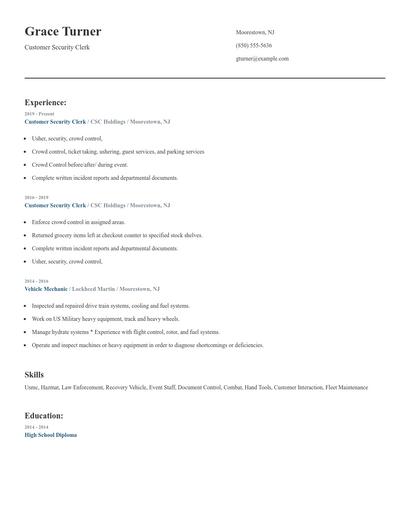 Customer Security Clerk Resume