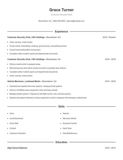 Customer Security Clerk Resume