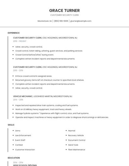 Customer Security Clerk Resume