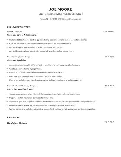 Customer Service Administrator Resume