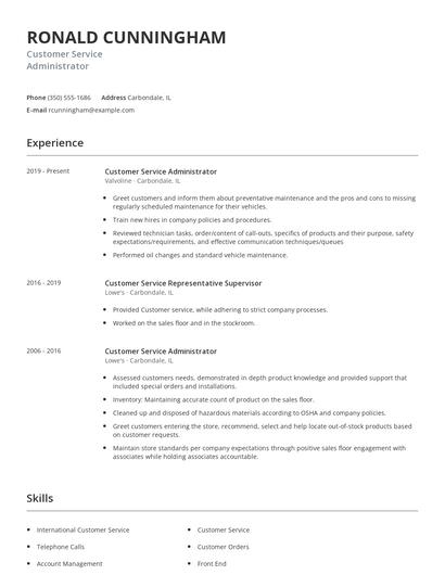 Customer Service Administrator Resume