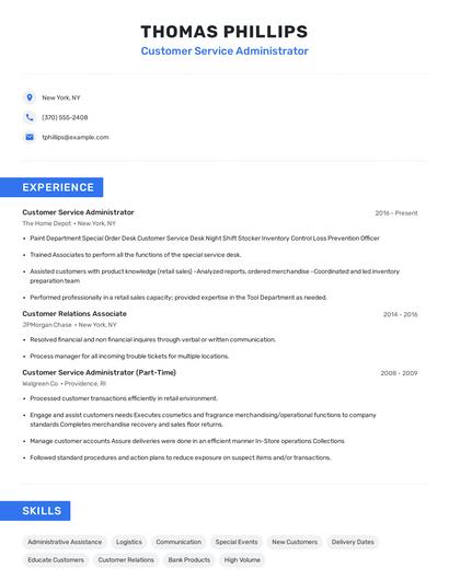 Customer Service Administrator Resume