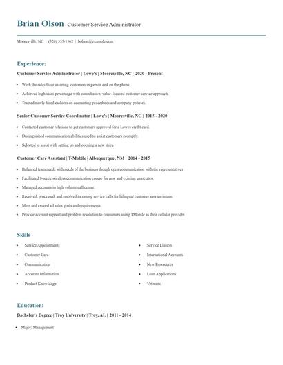 Customer Service Administrator Resume
