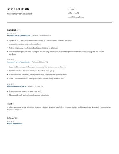 Customer Service Administrator Resume