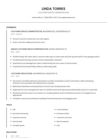 Customer Service Administrator Resume
