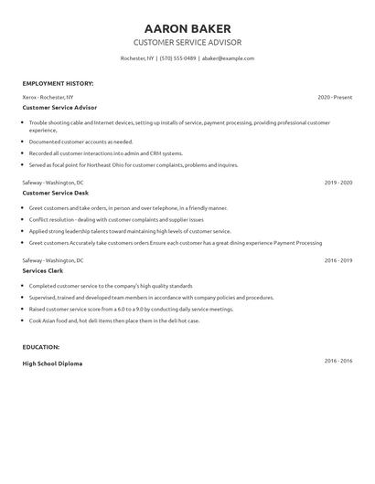 Customer Service Advisor Resume