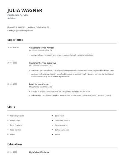 Customer Service Advisor Resume