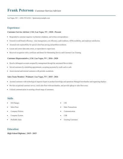 Customer Service Advisor Resume