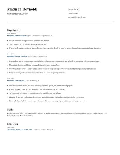 Customer Service Advisor Resume