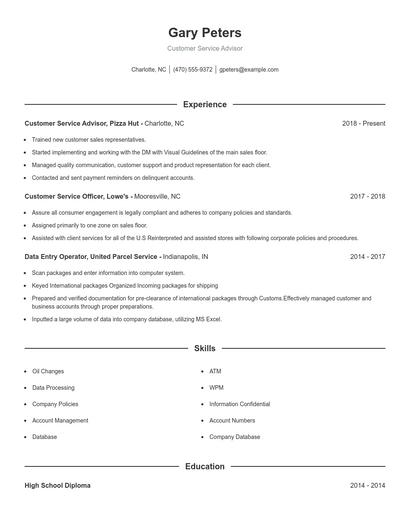 Customer Service Advisor Resume
