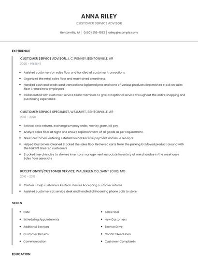 Customer Service Advisor Resume