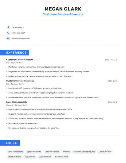 Customer Service Advocate Resume